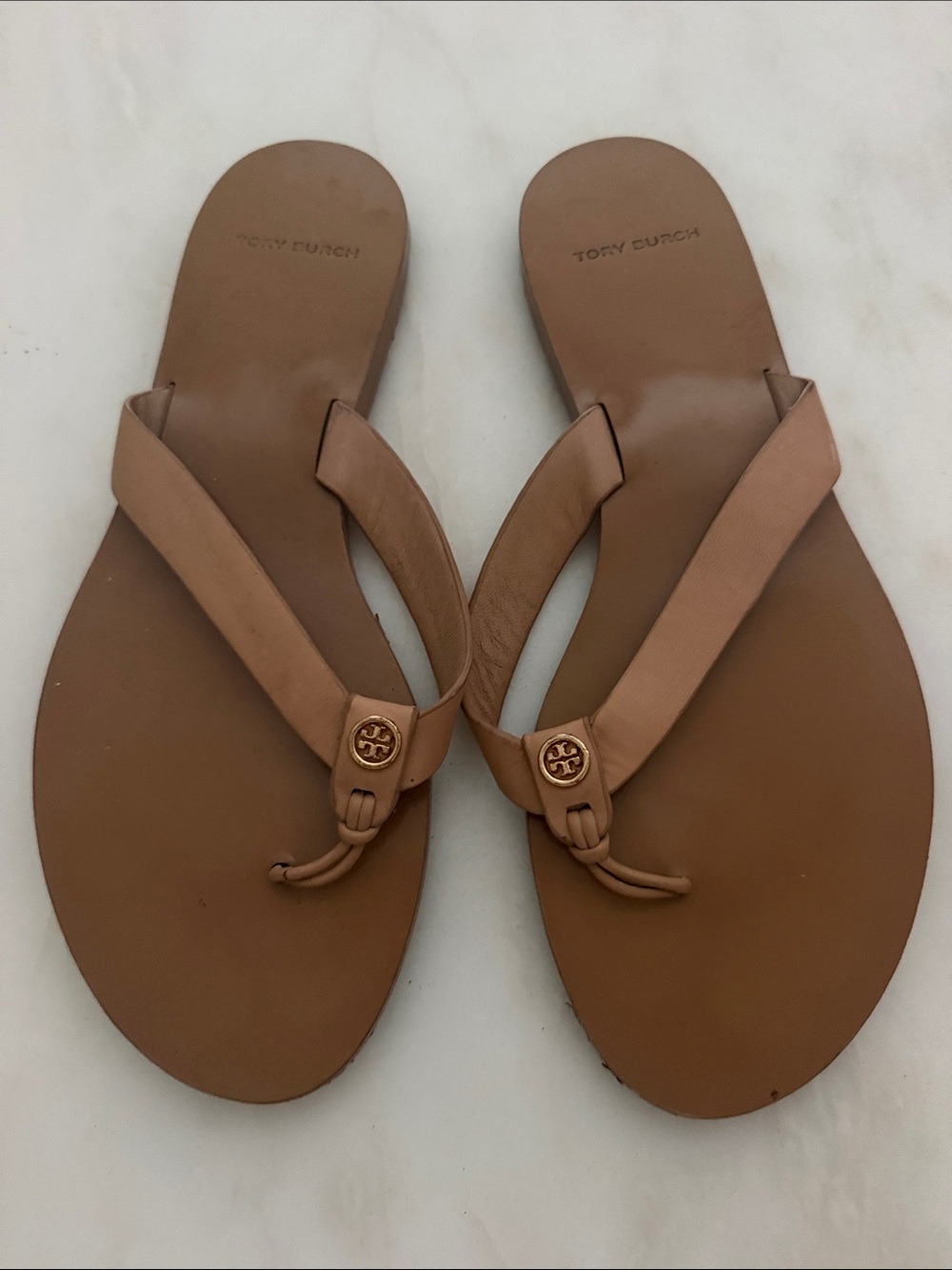 Tory Burch Tan Leather Logo Thong Sandals worn a handful of times